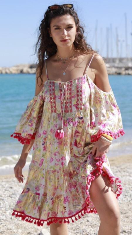 Tunikakleid Sommerkleid mit Pompoms und Häkelbordüren Boheme